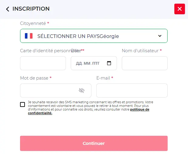 Formulaire d’inscription – création de compte joueur avec e-mail et mot de passe